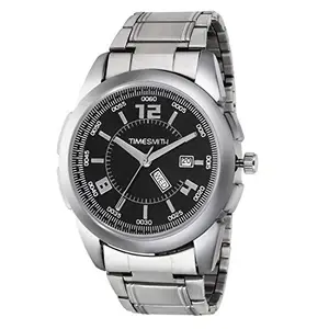 Timesmith Black Dial Silver Stainless Steel Metal Strap Day Date Analog Analog Watches for Men Latest Stylish TSC-008heli6