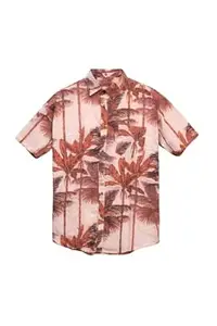 Casual Short Sleeve Shirt with Palm Tree Print, Pink and Green Tropical Pattern, Cotton, Regular Fit, Button-Down Collar