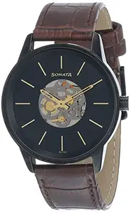 Sonata Quartz Multifunction Black Dial Leather Strap Watch for Men-NR7133NL02