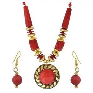 Zooberary Gold Plated Traditional Red Pearl Necklace Jewellery Set for Women Elegance Unveiled Traditional Red Pearl Jewelry Set