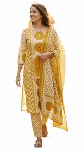 JIKRA JAIPUR Women’s Yellow Ajrakh Printed Cotton Suit Set with Dupatta | Ethnic Wear for Women | Cotton Kurta Pant Dupatta Set for Festive, Casual Use and Cultural Events