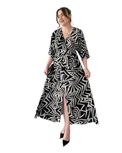 AAPSAAVI Elegant Floral V-Neck Dress Front Slit-Chic Casual Summer Wear for Women–Breathable Fabric Aesthetic Floral Pattern Dress