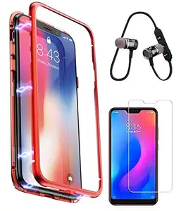 RRTBZ RRTBZ Ultra Slim Magnetic Back Case Back Cover with Metal Frame & Glass Back Compatible for Xiaomi Redmi Note 6 Pro with Bluetooth Headset Headphones and Tempered Screen -Red