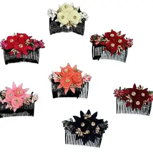 Acrylic Comb and Cloth Flower Hair Clip/Side Comb/Flower Design Jooda Hairpin Comb Flower Design Jooda Pin Pearl Hairpin Comb For Women And Girls (Any 6 Color)
