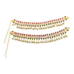 Gold Plated Kundan Anklet with Ruby, Pearl, and Emerald Stones, ams69