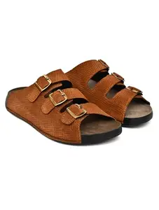 NICO NERINI Men's Genuine Leather Tan Double Buckle Sandals – Comfort Slip-On Slides with Adjustable Straps