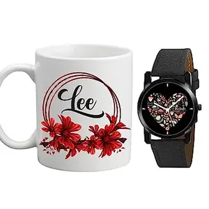 Relish Gift for Girls Black Strap Analogue Watch & Lee (Name Printed) White Ceramic Coffee Mug | Gift Pack for Women's & Girls
