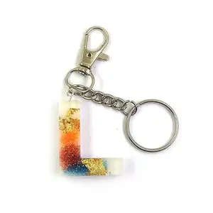 "L" Letter/Alphabets Handmade Resin Keychain by LFF by Soniya Themed in Dried Natural Flowers/Glitters/Stones/Gold-Silver-Copper Flakes Filled for Men and Women - Letter "L" (Design#11)