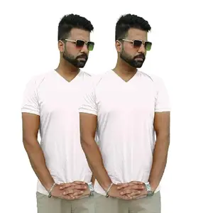 Men's Cotton V-Neck T-Shirt, Regular Fit, Half Sleeve, Pack of 2 (in, Alpha, M, Regular, White)