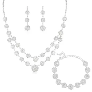 Peora Silver Plated Crystals Studded Two Layer Necklace with Drop Earrings & Bracelet Set Fashion Jewellery Gift for Women & Girls
