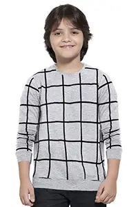 Maniac Checked Boys Full Sleeve Round Neck Grey Cotton Slim Fit Tshirt- 8-9 Years