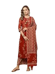 Stylum Women's Rust Floral Printed Cotton A-Line Kurta Palazzo Dupatta Set