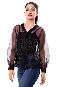 Gulnaar by Guneet Caren Sheer Full Sleeves Western Tops for Women (Color: Black ; Style: Regular)