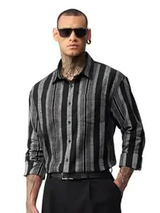 The Souled Store: Charcoal Men and Boys Long Sleeve Spread Collar Black and Grey Striped Lightweight Easy to Style Everyday Office Wear Casual Cotton Relaxed Shirt
