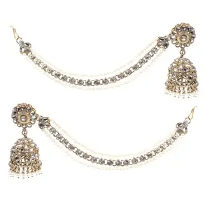 ZARMAR FASHION Traditional Jhumka Earrings with Pearl Chain, Kundan Style, Antique Gold Finish, Crystal Stones