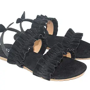 SKOLL Black Women's and Girls Valvet Stylish Flat Sandal 38