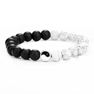 MEENAZ Bracelet for Women Men boys Fashion White Black Beads Bracelets Couple Bracelets Strechable Adjustable Jewellery Birthday Gift Anniversary Wife Husband Stone Couples Combo Best Friend black 676