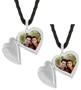 Airtick (Set Of 2 Pcs) Small Size Valentine's Day Silver Metal I Love You Heart Shape Love Openable Couple Mini Photo Frame Keepsake Momento/Memory Pendant Locket Necklace with Cotton Dori