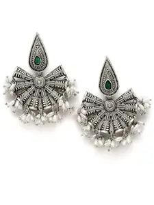 Karatcart Drop Shape Oxidised Silver Green Stone Dangler Earring for Women