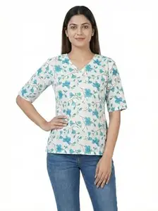 Cotton Short Kurti Top Teenager Girl(5'3 Height, Length 25inch) V Neck Printed Half Sleeve for Office & College Girls Fit