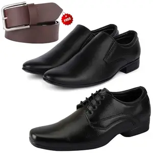 Fashionable Trendy Formal Shoes/Party Shoes/ 2 Shoes Combo with Free Belt for Men and Boys (BAZAAR8823_VTR-401-Blk) Multicolor