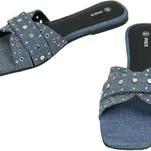 Max Women Embellished Denim Flat Sandals, BLUE, 36