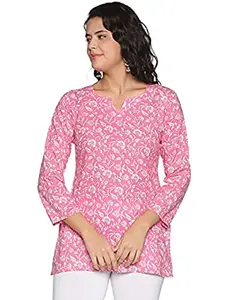 DIVINATION™ Cotton Womens Short Kurti Pink Straight Round Neck Floral Print 3/4 Sleeves Kurta Casual Regular Kurti Top for Girls