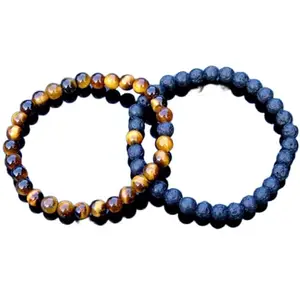 RRJEWELZ Tigers Eye & Volcanic Lava 8mm Round Smooth beads Long Distance Couples Love Friendship Combo Bracelet Set - Couples Relationship 8 inch Stretchable Bracelets set|RR_CPBR_298_8