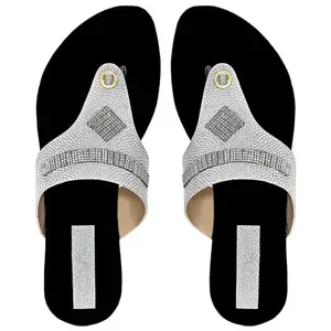 ALTEK Women's Antiskid Flats Fashinable Footwear For Daily Use Soft Cloth Velvet Casualwear Durable Indoor Outdoor Chappal 13139_flt_silver_120_3