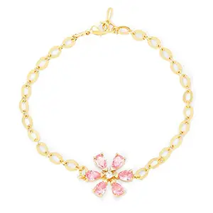 MINUTIAE Adjustable Stylish Solitaire Pink Flower Shaped Crystals Cubic Zirconia Diamonds | Brass Bracelet Kada for Her/Women/Girls (Gold)