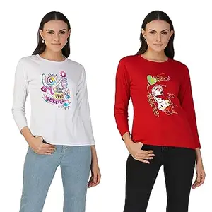 Casual wear Stylish t-Shirt for Women Premium Cotton Full Sleeve Combo Printed T-Shirt Set 5046 White, Red-XL (13617)