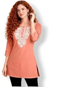 Women Rayon Embroidered Straight Kurti Top | Floral Thread Work | 3/4 Sleeve Casual Office Wear Tunic for Jeans & Leggings