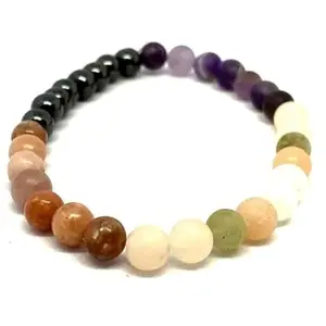Lady Works Natural Amethyst, Hematite, Lepidolite & Moonstone 6mm Round Shape Smooth Cut Beads 7 Inch Stretchable Bracelet For Men & Women. Unisex Bracelet For Healing, Meditation & Luck|LW_BRST_00581_7.0