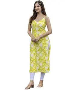 ROUVTE Women's Rayon Floral Printed Sleeveless Straight Kurti Set