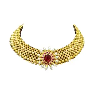 Traditional Maharashtrian Thushi Necklace, Gold Plated Copper, Pearl and Ruby Stone Choker