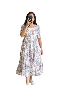 Women's Floral Print Tiered Maxi Dress, Puff Sleeves, V-Neck, Midi Length