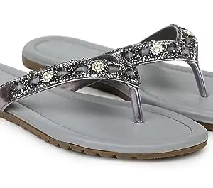 Fabbmate Latest Embroidered Stones Work T-Strap Flats Sandal for Women's Pack of 1 (Grey, numeric_8)