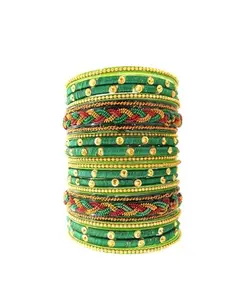 Femmibella Traditional Green Silk Thread Stone Studded Chuda Bangle Set For Women and Girls