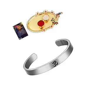 Silver Plated "OM" Kada Rakhi for Bhaiya With Kankawati Pooja Thali Roli Chawal and Greeting Card -927