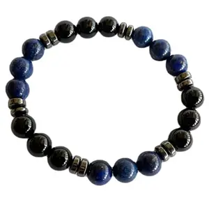 LKBEADS Natural Black Onyx & Lapis Lazuli 10mm Round Shape Smooth Cut Beads 6.5 inch Stretchable Bracelet for Men & Women.|STBR_06048_6.5