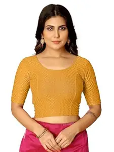 Amazon Brand - Anarva Round Neck Dobby Cotton Lycra Stretchable Elbow Half Sleeve Readymade Saree Blouse for Women Stylish