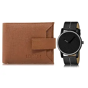 LOREM Combo of Black Wrist Watch & Tan Color Artificial Leather Wallet (Fz-Wl10-Lr67)