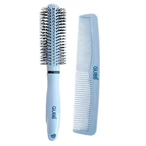 GUBB Grooming Stylish Combo of Round Rolling Curling Roller Comb Hair Brush & Half Coarse and Half Fine General Grooming Comb - Blue