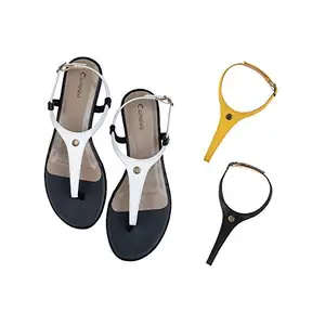 Cameleo -changes with You! Women's Plural T-Strap Slingback Flat Sandals | 3-in-1 Interchangeable Leather Strap Set | White-Yellow-Black