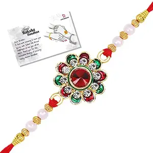 LIVE EVIL Enticing Gold plated Maroon Meena Work Rakhi for Brother Sister with Raksha Bandhan Greeting Card having Traditional Ethnic Unique Design Specially Hand Made by Indian Craftsman
