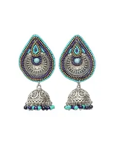 Dulcett India Traditional Jhumka Earrings | Ethnic Jhumka Earrings | Oxidised Silver Jhumka With Beads Work Earrings for Women & Girls (Blue Colour)