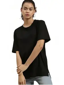 Women Oversize Plain T Shirt 100% Cotton (Medium, Black)