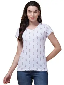 Hive91 Women Paisely Printed Round Neck Cotton White T-Shirt