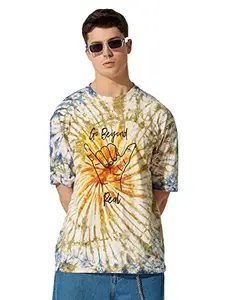 Maniac Mens Tie and Dye Round Neck Half Sleeve Blue, Green and Orange Cotton Oversized Fit (Drop Shoulder) T-Shirt