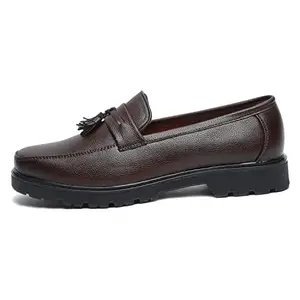 MUTAQINOTI Men's Bistre Brown Vegan Leather Shoe Gothic Platform Handcrafted Formal Tassel Moccasins British Style Shoes for Men Officewear Slip-on (Size-10 UK) (PSNDMCTA)